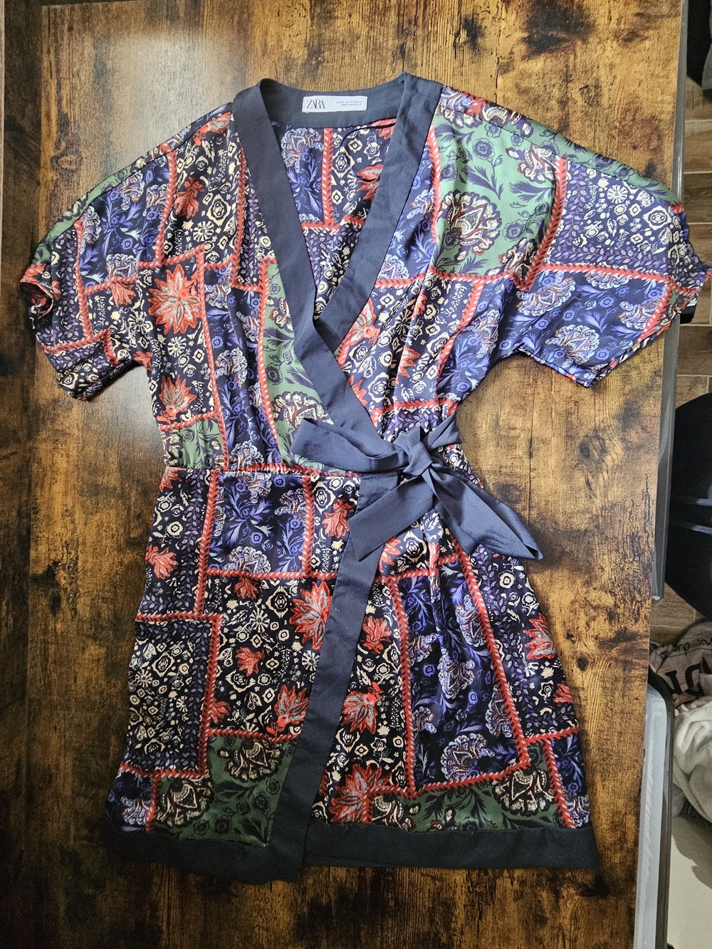 Zara Multicolor Floral Patchwork Satin Dress with Black Trim. LDK3